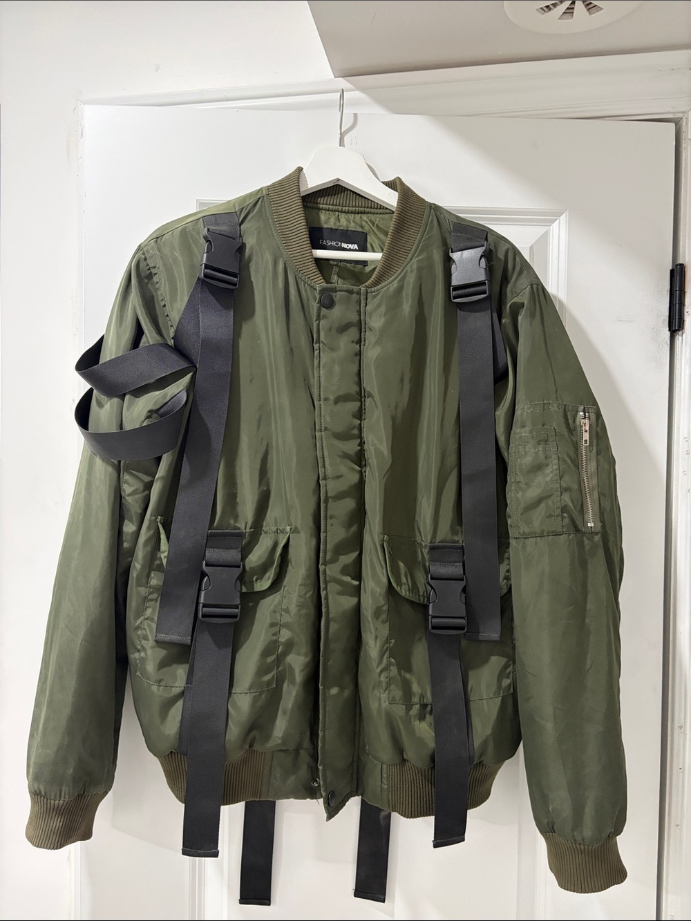 Fashion Nova Olive Green Bomber Jacket with Black Straps